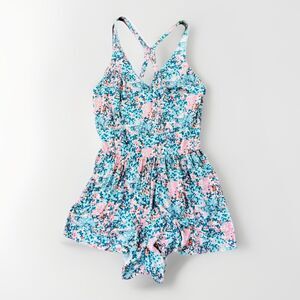 Jasmine & Ginger Dot Print Romper Size L Soft Blue Pink Strappy Back